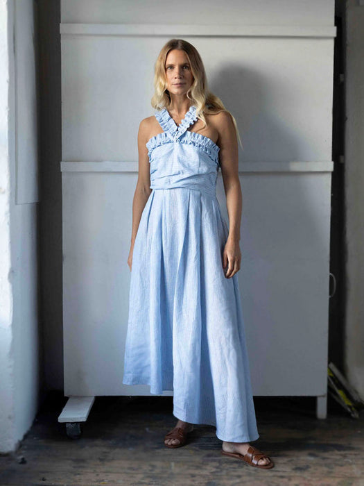 Emma Linen Dress in pale blue stripe
