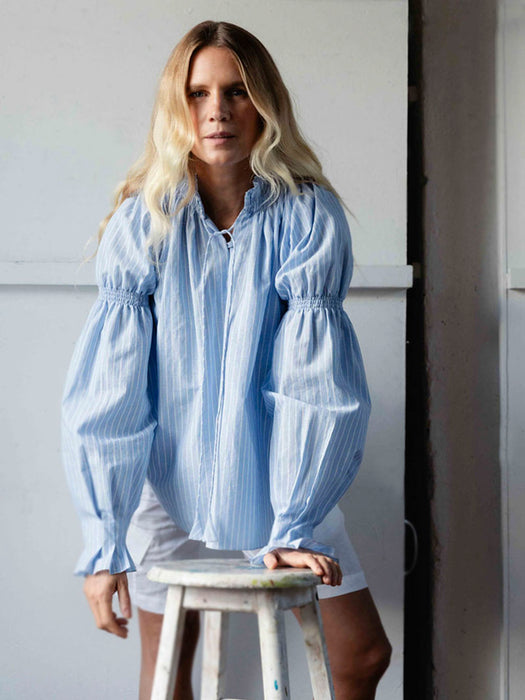 Avy Linen Blouse in pale blue stripe