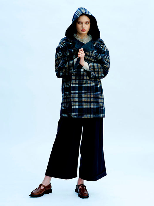 CASHMERE DOUBLE WOOL COAT Navy Check