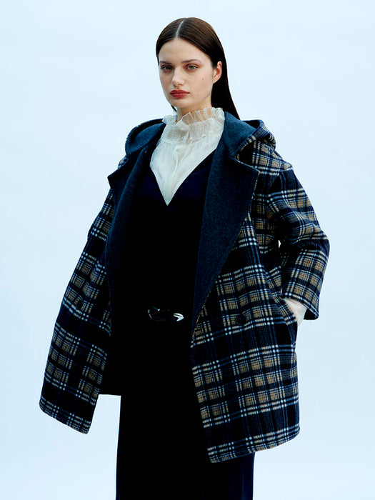 CASHMERE DOUBLE WOOL COAT Navy Check